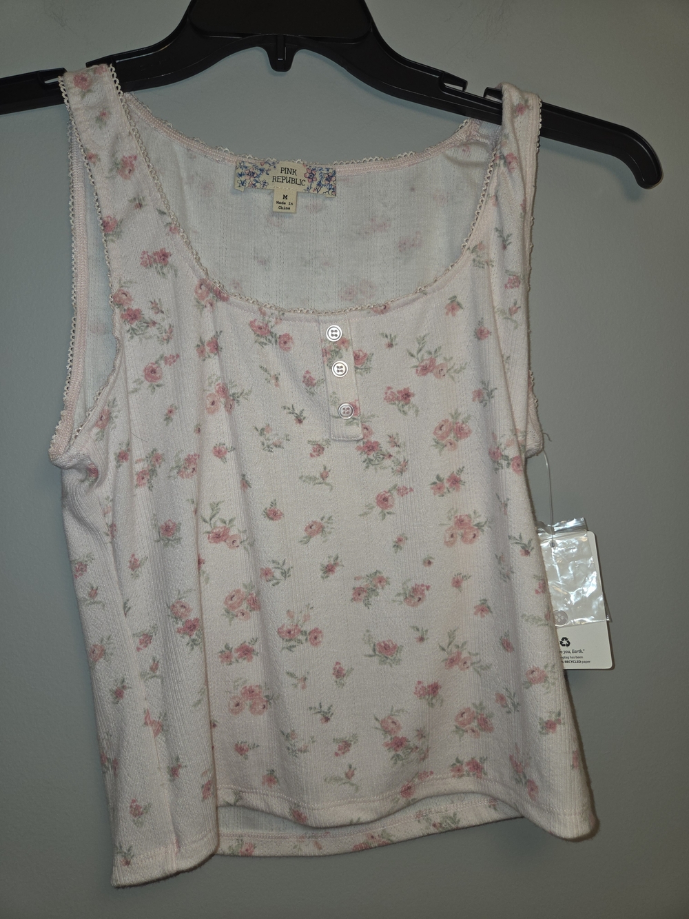 Pink Republic Pink Floral Ribbed Tank with Button Front